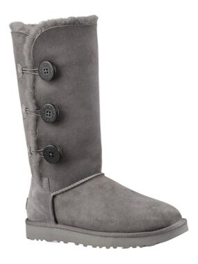 UGG Women’s Grey Bailey Button Triplet II Fuzzy Suede Tall Boots Sz 11